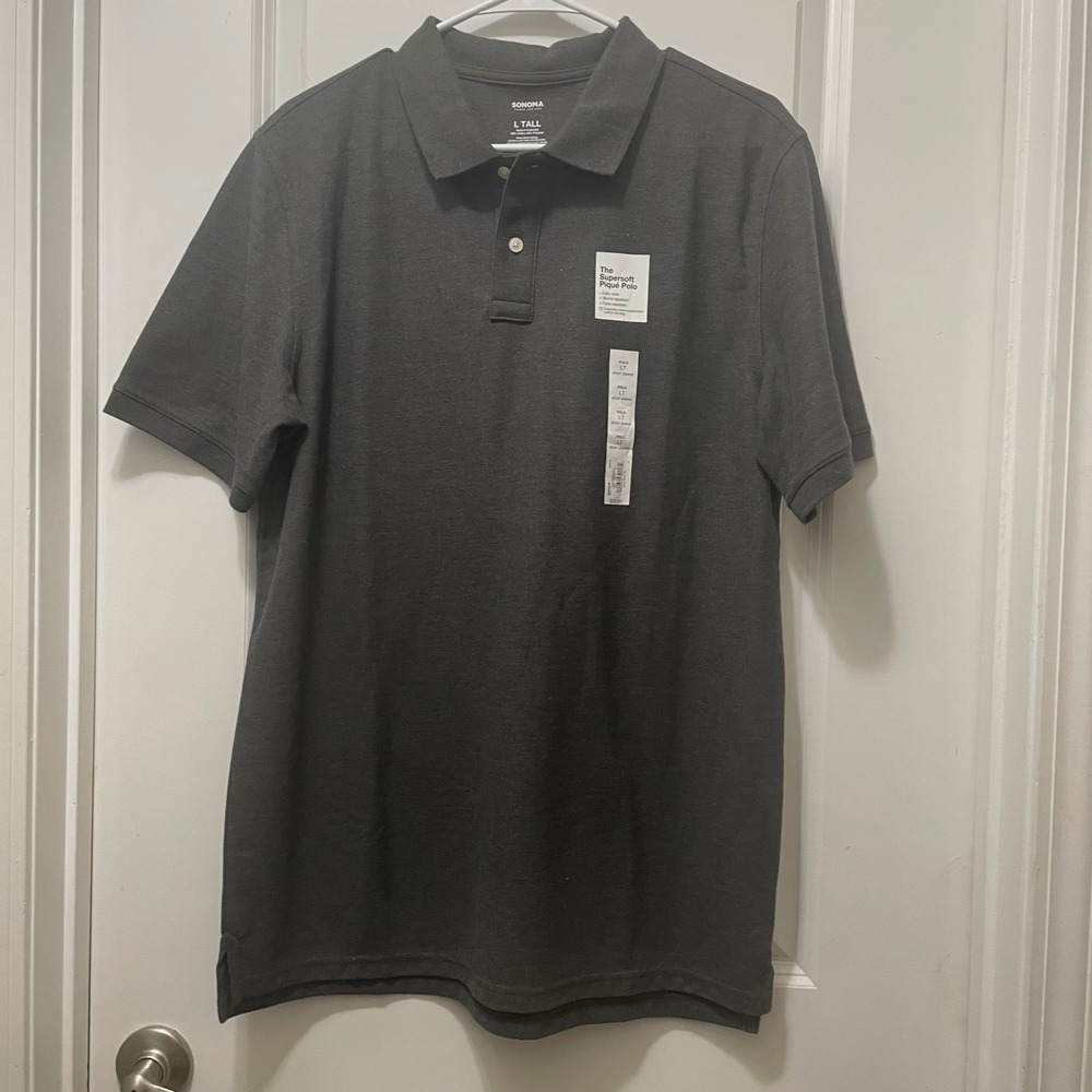 Sonoma Goods For Life Mens L Tall Gray Supersoft Polo Shirt Short Sleeve New